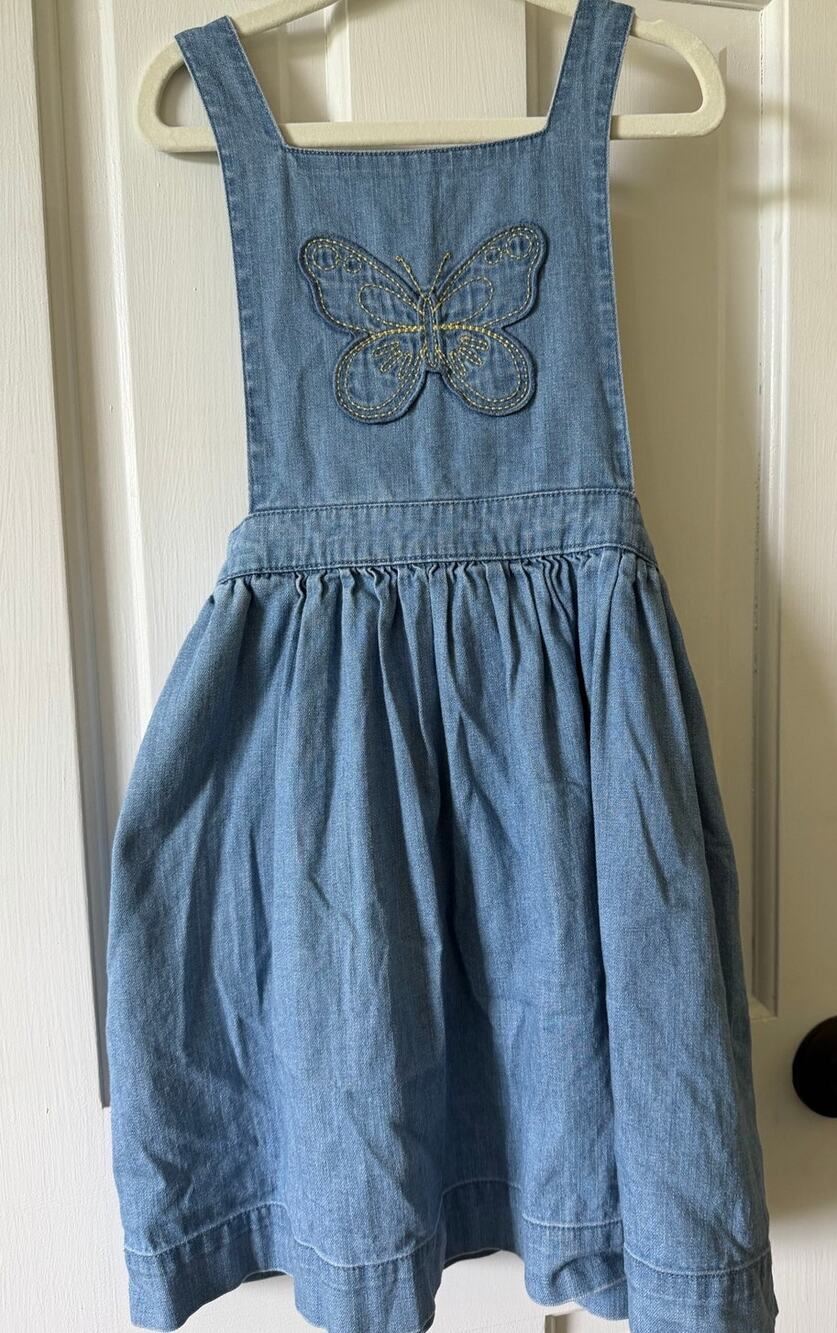 Mini Boden Denim Butterfly Pinafore Dress with liberty floral lining size 7-8